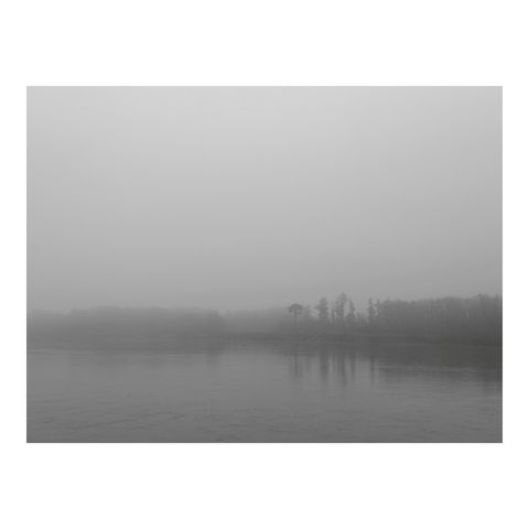 A flat landscape with a line of trees and a stretch of water in the mist. (Version françæ) Paysage toux plax avec æn ligne d’arbres et æn étendue d’eau dans læ brume.