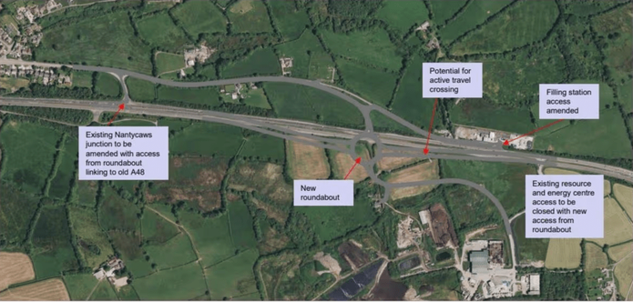 An annotated aerial satellite image of the A48 dual carriageway at Nantycaws, showing the location of a proposed new central roundabout, amendments to the existing Nantycaws junction, a potential active travel crossing, amended filling station access, and a new access route to the existing resource and energy centre.