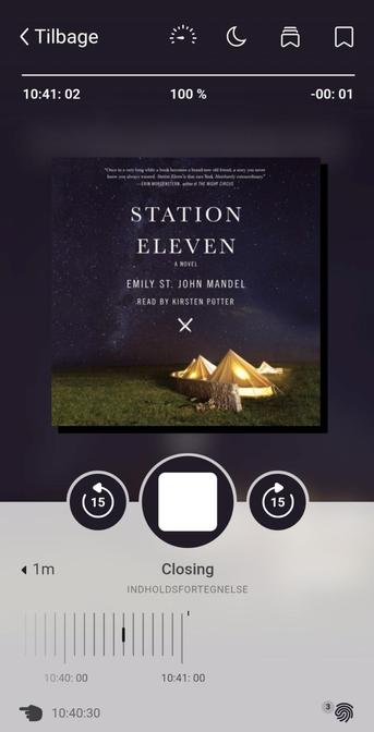 Station Eleven audiobook showing 'Closing' and 100% read. Description of cover preceding main toot.