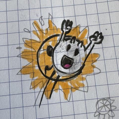 Pencil doodle of the moon jumping with very happy face in front of an annoyed sun.