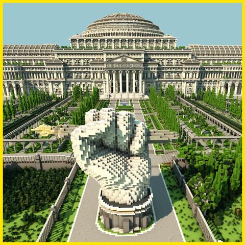 Minecraft-Computergrafik: Im Vordergrund ein Denkmal, ausgestreckte Faust mit Füller in der Hand, in einem Garten mit Wegen der zu einem riesigen Gebäude mit Kuppeln und Säulen führt, über dem Eingang der Schrifzug "Uncensored Library"