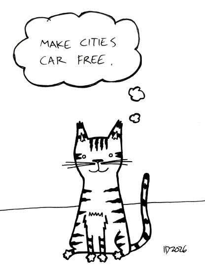 a striped cat sits and thinks "make cities car free."