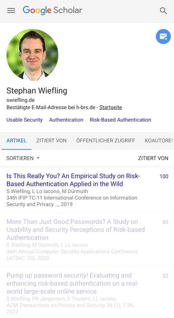 Screenshot of Stephan Wiefling’s Google Scholar profile. Circular photo shows him smiling professionally against a blurred green background. His name and affiliation (“swiefling.de,” “h-brs.de”) are displayed, along with research areas: Usable Security, Authentication, Risk-Based Authentication. Listed publications include “Is This Really You?” (2019, 100 citations) and others on password perceptions and large-scale authentication (2020–2022). Navigation tabs for articles, citations, public access, and co-authors are visible.