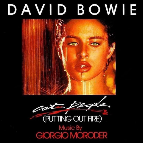 The cover for Bowie's single 'Cat People' from the 1982 movie of same name, with the cat lady in question pictured.