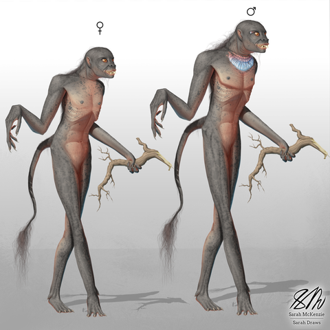 Creature Concept: Desert Ogre (female and male versions)
Digital illustration of 2 ape-like humanoid monsters side by side. Their skin is mostly grey, with pink regions on their bellies and around their mouths, as well as in the insides of their ears. There are swollen blue skin patches on the neck and above the eyes on the male (right). Both sexes have bright orange irises. Yellowed fangs are visible inside their mouths.
The beasts' limbs are long and thin, but visibly muscled. The hands have slender fingers with claws in place of nails, and the feet have only four main toes instead of five. A fifth vestigial toe is located near the ankle, at the back of the foot.
Their long baboon-like tails are tipped with a tuft of curly fur. Similar wavy fur grows on their backs, more thickly on the male. The hair extends up their necks, but tapers out on top of the heads, where it becomes very thin, so the creatures are nearly bald.
The female on the right is overall shorter, with wider hips and a thinner neck, while the male has longer limbs and is more heavily muscled.
Art by @Sarah_Draws.