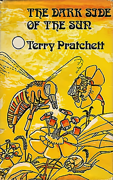 The title "The Dark Side of the Sun" is printed in dark red serif capital letters across the top of the cover, arranged over three lines. Below the title, the author name "Terry Pratchett" appears in large black serif type, preceded by a small circular emblem to its left. The background is a warm, mottled yellow-orange tone with darker amber hues toward the top and lighter yellow toward the center. The lower two-thirds of the cover is filled with a dense illustration rendered in black ink outlines and flat areas of yellow, orange, red, and amber. The central figure is a large insect resembling a wasp, shown in profile facing left. It has a segmented orange-and-red striped abdomen, translucent wings with visible vein structures, and large dark compound eyes on an orange head. Its legs are detailed with joints and small claw-like feet. Surrounding the insect are oversized stylized flowers with broad rounded petals in golden yellow and orange, some with dark centers. A second smaller insect of similar design appears in the upper right, with outstretched wings and striped markings. Additional smaller insect forms are faintly visible at the left background. The composition is densely packed with overlapping organic shapes filling the lower area. Thin black outlines define each element against the warm background. Small rounded pebble-like shapes line the bottom edge. The palette is restricted to yellows, oranges, reds, and black, giving the cover a cohesive warm appearance.