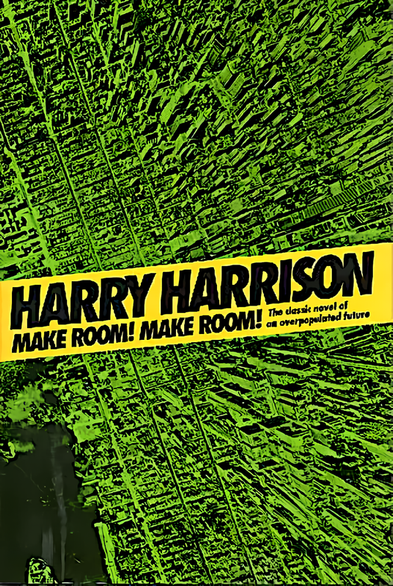 Title: "Make Room! Make Room!" by Harry Harrison. A yellow diagonal banner cuts across the cover from the lower left to the upper right. On it, "HARRY HARRISON" appears in large, bold black uppercase letters at the top of the banner, with "MAKE ROOM! MAKE ROOM!" in slightly smaller bold black uppercase letters below. To the right of the title, smaller black text reads "The classic novel of an overpopulated future." The entire background is an aerial bird's-eye view of a densely packed urban cityscape, rendered in shades of green against a black background. The city grid stretches edge to edge, filling every visible space with tightly compressed blocks of buildings, narrow streets, and rooftops, conveying extreme congestion. Green tones range from bright yellow-green in lit areas to deep olive and near-black in shadow, giving the cityscape an eerie, unnatural quality. Streets run in rough grid patterns with occasional diagonal roads cutting through dense blocks. Individual buildings appear as small rectangular masses packed together without visible open space. In the lower-left corner, a dark silhouette of a human figure is partially visible, rendered in deep black and dark green tones against the cityscape. The figure is obscured and lacks clear detail. The composition uses the contrast between the bright yellow banner and the dark green urban sprawl to draw the eye to the title while reinforcing the theme of population density. No artist credit is visible on the cover.