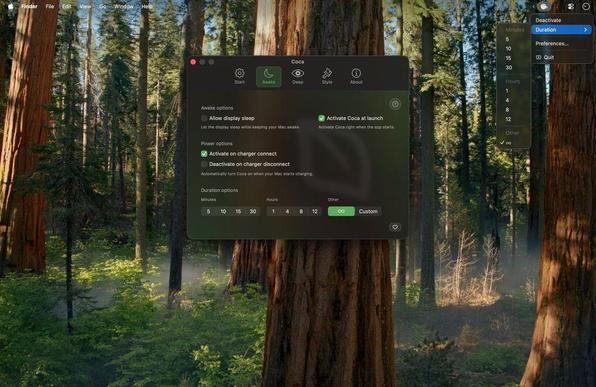 macOS desktop with a redwood forest wallpaper showing the Coca app open in the center. The “Awake” tab is selected, displaying options to keep the Mac awake, activate Coca at launch, and enable automatic activation when a charger is connected. Duration buttons for minutes, hours, or infinite mode are visible. In the top-right menu bar, Coca’s dropdown menu is open, showing quick duration options (5–30 minutes, 1–12 hours, or infinite) along with preferences and quit options.