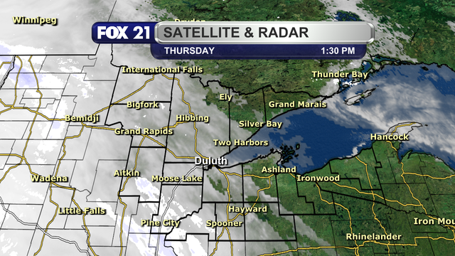 The satellite and radar over the Northland at 1:30 p.m. on March 12, 2026, shows increasing cloud cover across the region from west to east, with clear skies still over the Upper Peninsula and tip of the Arrowhead, to cloudy skies west of Highway 53. A few flurries may already be falling in the I-35 Corridor region, but they may not be reaching the ground at this time. That will change throughout the afternoon as a very strong clipper system enters the area.