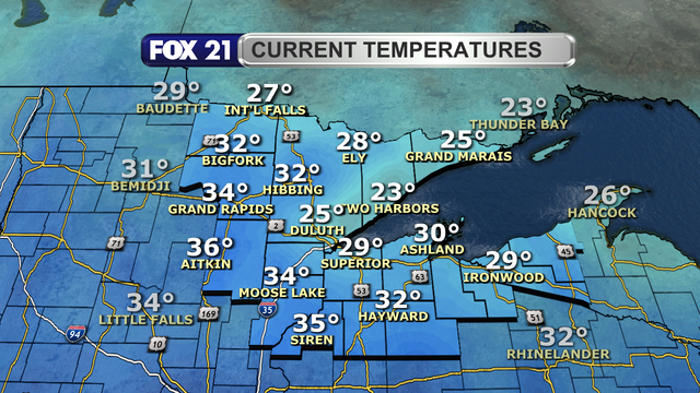 Temperatures in the Northland just after 1 p.m. on March 12, 2026, range from 25 to 36 degrees Fahrenheit.