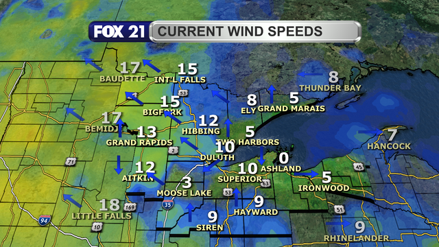 Wind speeds in the Northland just after 1 p.m. on March 12, 2026, range from calm to 15 mph. Wind direction is primarily from the south and southeast.