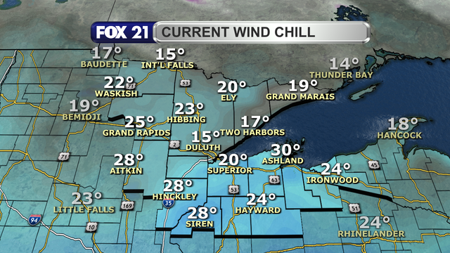 Wind chill readings in the Northland just after 1 p.m. on March 12, 2026, range from 15 to 28 degrees Fahrenheit.