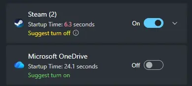 Windows PC Manager menu for toggling applications launched at startup. Steam is listed with a startup time of 6.3s highlighted in red. Steam is currently enabled. In yellow text it's recommending "Suggest turn off". Microsoft OneDrive is listed with a startup time of 24.1 seconds (not highlighted). It's currently disabled. In green text it's recommending "Suggest turn on".