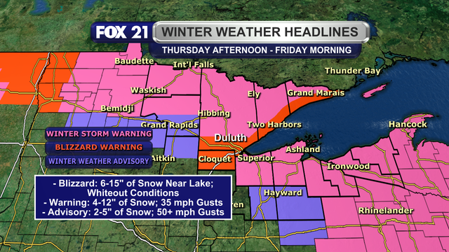 A Blizzard Warning is in effect for the North Shore and Minnesota side of the Twin Ports regions of the Northland through the morning hours of Friday, March 13, 2026. A Winter Storm Warning covers the Rainy River Basin, Arrowhead, South Shore, and Upper Peninsula regions for this same time period. A Winter Weather Advisory covers the Iron Range and interior regions of northwest Wisconsin.