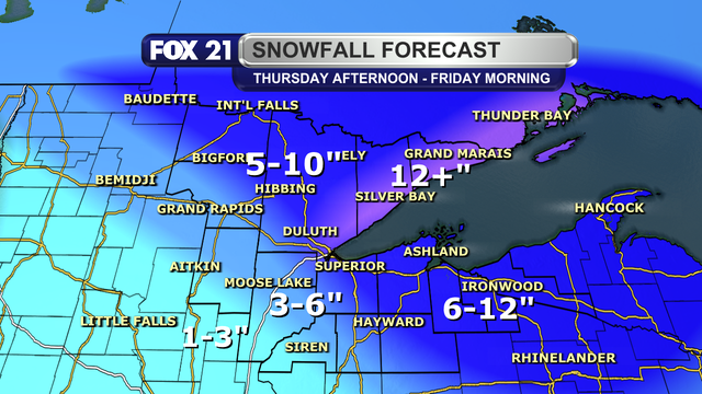 Snowfall totals from this clipper system passing through the region Thursday afternoon through Friday morning will see over 12 inches in parts of the North Shore, 6 to 12 inches in the South Shore and Upper Peninsula regions, 5 to 10 inches in the Rainy River Basin, Iron Range, and Twin Ports regions, 3 to 6 inches in interior northwest Wisconsin, and 1 to 3 inches for the I-35 Corridor region.