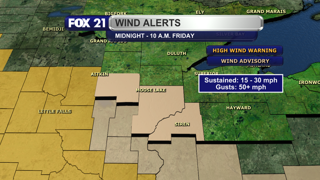 A Wind Advisory is in effect for southern Aitkin, Burnett, and Pine counties from midnight to 10 a.m. Friday, March 13, 2026. Wind gusts in this portion of the I-35 Corridor region could be higher than 50 mph, with sustained speeds of 15 to 30 mph likely.