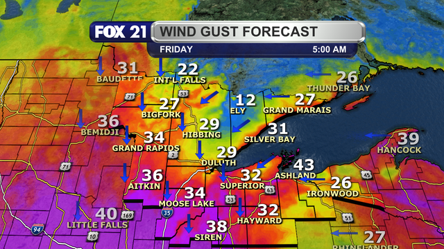 Overall, the entire Northland will see strong winds as the clipper system passes through with sustained speed of 15 to 30 mph. Wind gusts will be over 40 mph at times, especially along the North Shore as they will coming right off Lake Superior.
