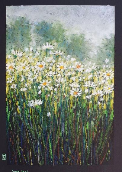 An A4 size original oil pastel painting of a patch of oxeye daisies with distant misty trees in the background and a grey sky. The artwork is on black pastel paper.
An original art work, please note that the frame is not included.
Fine art oil pastel on toned pastel paper
Size A4 (210 x 297mm / 8.3 x 11.7")