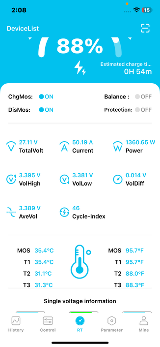 BMS readout at 2:08p 27.11V total. cells within 0.014V of each other. Well balanced at 50A of charging