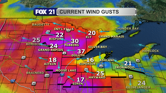 Wind gusts in the Northland just before 8 p.m. on March 13, 2026, range from 16 to 37 mph from the east and southeast.
