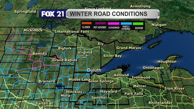 Conditions of major roadways and highways in the Northland around 8 p.m. on March 13, 2026, have become partially covered or completely covered in snow along and west of Highway 53. The worst conditions are in parts of Aitkin and Itasca counties.