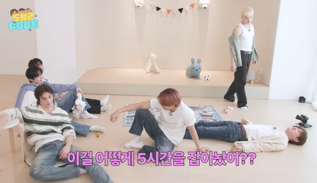Seungmin's still lying on his back, on the floor. Changbin, Lee Know, Hyujin and Han are sitting on the floor, and Bang Chan is standing behind them. Hyunjin and Han are facing away from Seungmin, and the other 3 appear to be looking at Seungmin and/or Seungmin's waist.