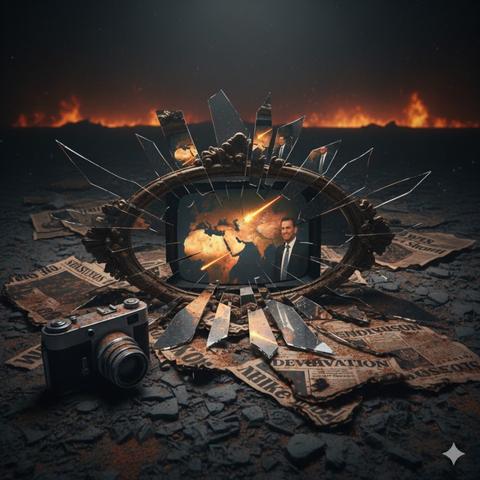 A cracked mirror lying in ash and rubble reflects a distorted television news broadcast showing a Middle East map and missile imagery, surrounded by torn newspaper pages and a broken press camera, symbolising the destruction of journalistic truth in wartime.