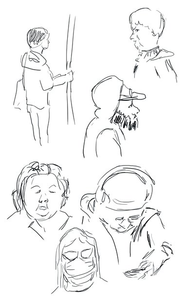 Pen and ink sketches of six people