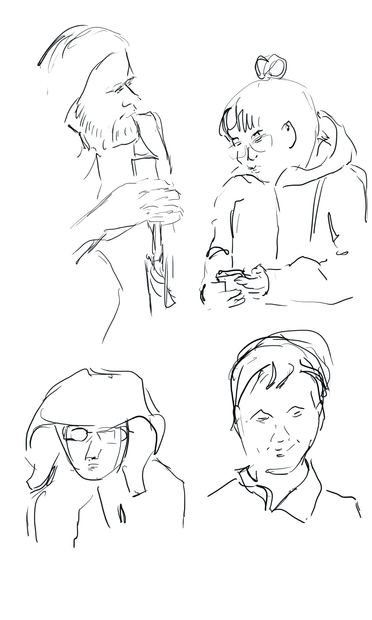 Pen and ink sketches of four people