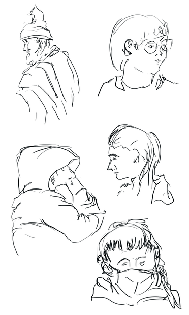 Pen and ink sketches of five people