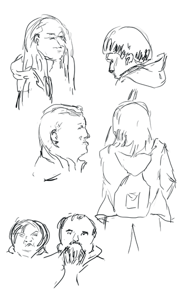 Pen and ink sketches of six people