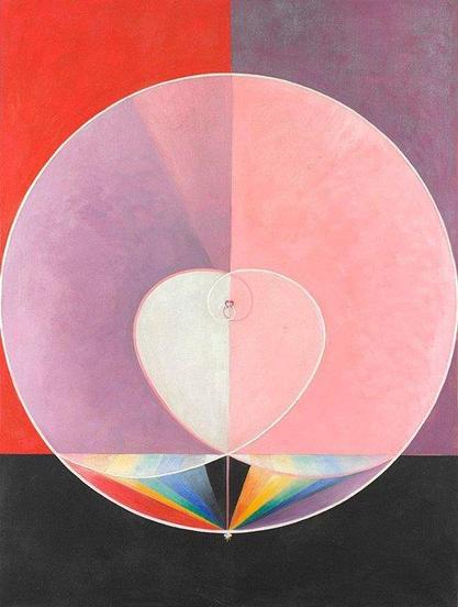 an abstract painting with a circle over three solid planes of color, red, pink, and black. within the circle, two symmetric curves cross each other and form a heart shape in the middle. under this are colors like a rainbow expanding outward from a point at the bottom of the circle.