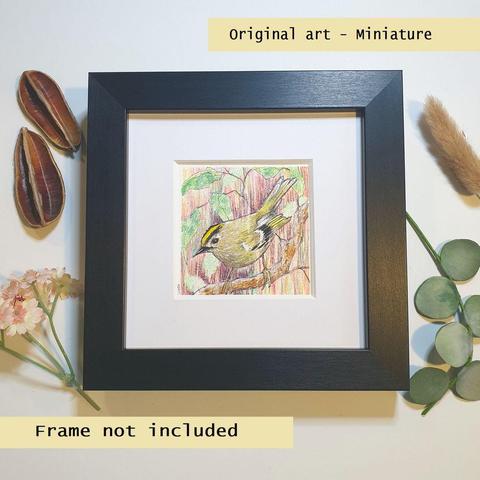 A tiny drawing of a goldcrest bird on a branch with green leaves.
An original art work, please note that the frame is not included.
Pen and ink with colour pencil on white acid free artist watercolour paper.
Approximately 7.5 x 7.5cm, will fit a 3 x 3 inch photo frame.
The drawing will be in a clear envelope so you can view it before framing.