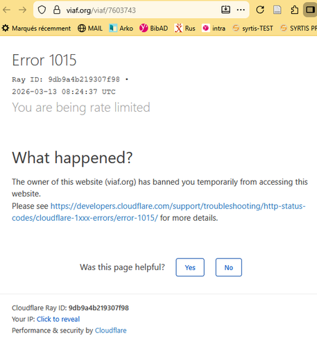 screenshot of a Viaf page, showing "rate limitation" (banning)