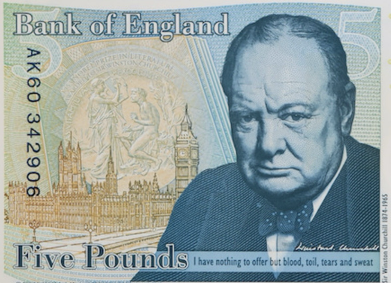 The existing £5 banknote design, featuring Churchill with the Houses of Parliament in the background.