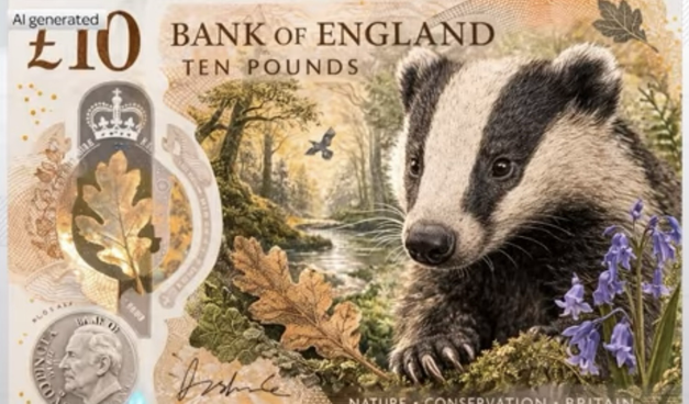 A spoof AI £10 design featuring a badger in a woodland.