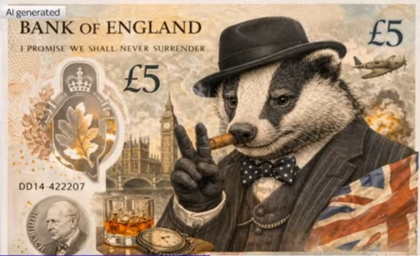 Another spoof £5 AI design featuring a badger dressed as Churchill wearing a hat, with a Spitfire in the background and a Union Jack flag in the foreground.