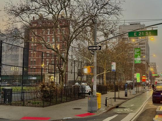 A gloomy, rainy day in Gramercy, Manhattan. This shot is from the bike lane near a public park.