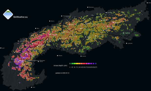 Current snow depth in the ski resorts across the Alps.