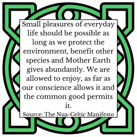 Small pleasures of everyday life should be possible as long as we protect the environment, benefit other species and Mother Earth gives abundantly. We are allowed to enjoy, as far as our conscience allows it and the common good permits it. Source: The Nua-Celtic Manifesto