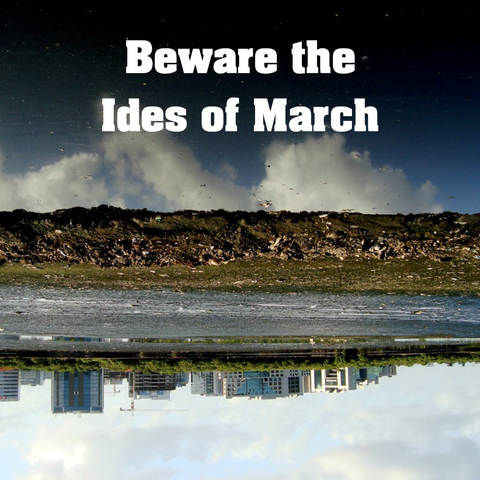 A photograph with a horizon and the upper half shows clouds, while the lower half shows an upside down skyline.
textreads: Beware the Ides of March