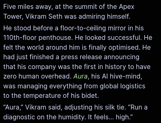 Five miles away, at the summit of the Apex Tower, Vikram Seth was admiring himself.
He stood before a floor-to-ceiling mirror in his 110th-floor penthouse. He looked successful. He felt the world around him is finally optimised. He had just finished a press release announcing that his company was the first in history to have zero human overhead. *Aura*, his AI hive-mind, was managing everything from global logistics to the temperature of his bidet.