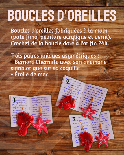 BOUCLES D°OREILLES
Boucles d'oreilles fabriquées a la main (pate fimo, peinture acrylique et verni).
Crochet de la boucle doré a l'or fin 24k.
Trois paires uniques asymétriques
- Bernard 'hermite avec son anémone symbiotique sur sa coquille
- Étoile de mer