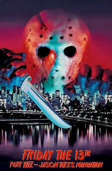 Poster for the 1989 film with the title in red at the bottom below a picture of Jason with his machete hovering over a nighttime cityscape