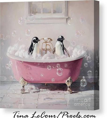 This is a fun canvas of two penquins enjoy a bubble bath in pink tub.