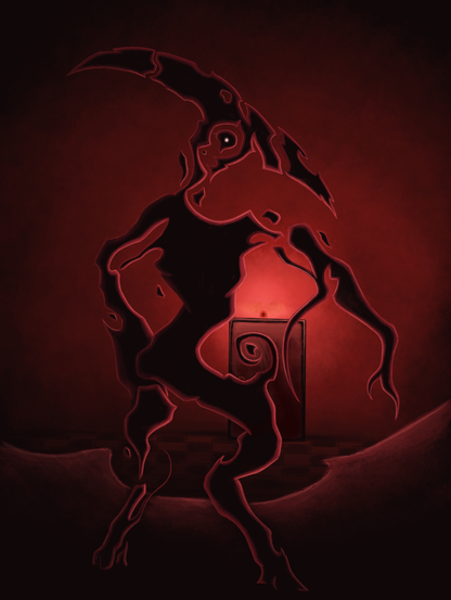 A creature standing in a dark room with a red light emanating from a door in the distance.
The creature itself is comprised of several disconected parts, it has a vaguely humanoid silhouette and a boomerang shaped head