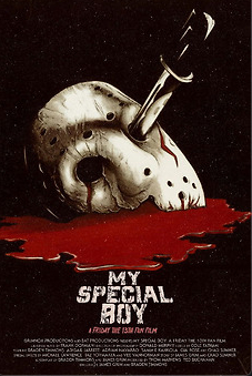 Poster for the 2022 fan film with the title in white at the bottom below a picture of Jason's mask with a knife through one eye and a blood pool underneath