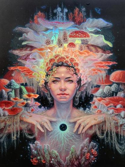 A queen with red shrooms around her