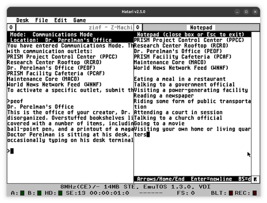 An Atari emulator showing A Mind Forever Voyaging running. To right right, there is a Notepad window that contains some notes for progressing in the game.