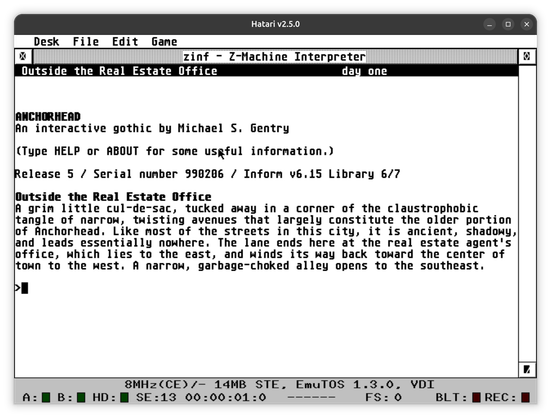Anchorhead running on the interpreter. Shown here because it's a V8 game that makes good use of the format.
